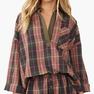 Free People Sunday Morning Plaid Cotton Flannel Sleep Shirt